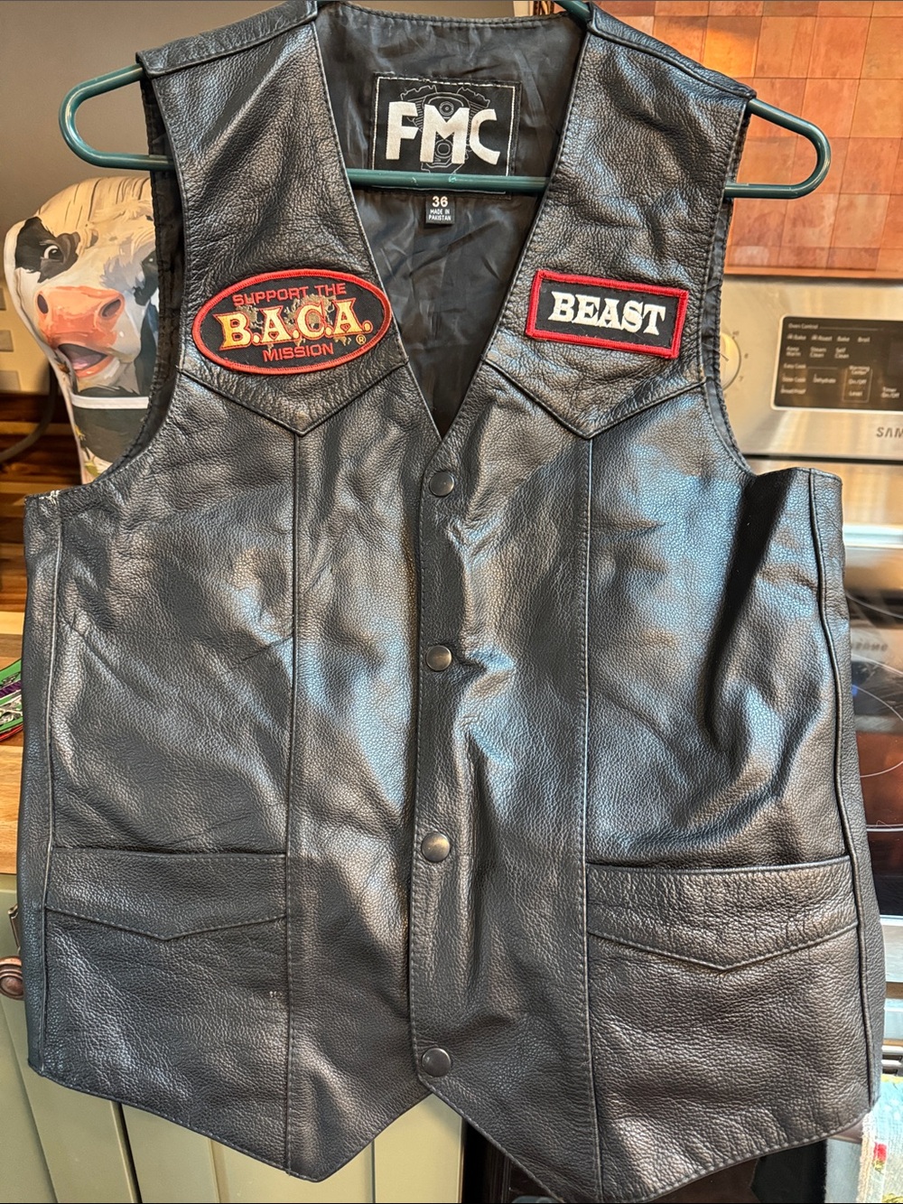 FMC Black Leather Biker Vest with 'Beast' & B.A.C.A. Patches